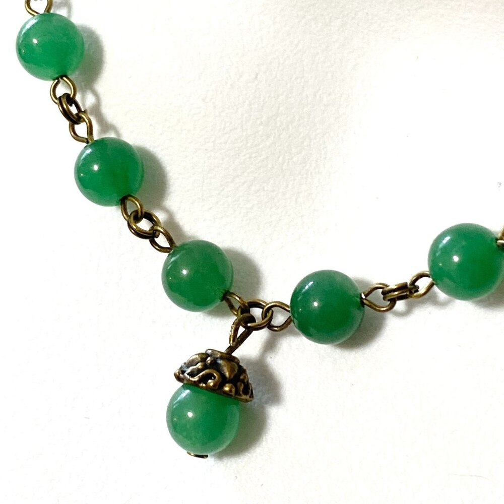 Natural Spinach Green Chalcedony Necklace, Cute Bronze Acorn + Genuine Gemstone